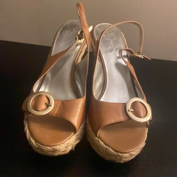 Jessica Simpson Giani tan leather wedge espadrille heel gold buckle size 9.5 - Picture 2 of 12